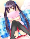  1girl black_hair black_legwear blush covering_mouth dutch_angle knees_together_feet_apart long_hair looking_at_viewer original panties pillow pillow_hug pink_eyes sitting skirt solo striped striped_panties thigh-highs twintails underwear very_long_hair yahiro_(anhnw) 