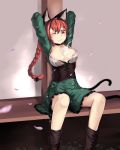  1girl animal_ears arms_behind_head arms_up braid breasts cat_ears cat_tail choker cleavage collarbone corset dress green_dress highres kaenbyou_rin large_breasts long_hair lu_hao_liang petals red_eyes redhead sitting solo tail touhou twin_braids wink 