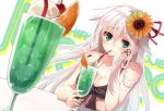  1girl anceril_sacred blue_eyes blush breasts cleavage crop_top drinking flower food glass hair_flower hair_ornament ice_cream long_hair melon_shooter mishima_kurone original smile solo straw white_hair 