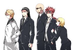  1girl 4boys bald bindi black_hair black_necktie black_pants black_suit blonde_hair clenched_hand coat collared_shirt earrings elena_(ff7) facial_hair facial_mark final_fantasy final_fantasy_vii furrowed_brow goatee goggles goggles_on_head grey_shirt hair_slicked_back hand_in_pocket highres jacket jewelry low_ponytail multiple_boys multiple_earrings nanao_(zonzonsh) necktie open_mouth pants parted_lips redhead reno_(ff7) rude_(ff7) rufus_shinra shirt short_hair short_hair_with_long_locks sideburns smile spiky_hair suit suit_jacket sunglasses tseng walking white_background white_coat white_shirt 
