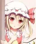  1girl ascot blonde_hair blush flandre_scarlet hand_on_own_chest hat kuroganeruto looking_at_viewer open_mouth peeking_out red_eyes short_hair side_ponytail solo touhou wings 