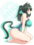  animal_ears black_hair blush breasts brown_eyes cat_ears cat_tail hair_ribbon large_breasts long_hair looking_at_viewer one-piece_swimsuit original ponytail ribbon sitting smile solo swimsuit tail tonpuu 