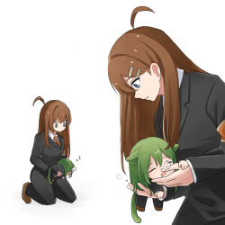  1boy 1girl ahoge animal_ears armband black_jacket black_pants black_suit blazer blue_eyes blush brown_footwear brown_hair brown_necktie carrying carrying_person cat_boy cat_ears cat_tail chibi closed_eyes collared_shirt dress_shirt drooling formal_clothes green_hair highres hod_(project_moon) jacket kneeling lapels lobotomy_corporation long_hair long_sleeves looking_at_another mini_person miniboy mouth_drool multiple_views necktie netzach_(project_moon) no_sclera nose_bubble ori_oriio pants project_moon shirt simple_background sleeping squeans straight_hair suit suit_jacket tail white_background white_shirt zzz 