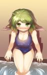  1girl animal_ears blush breasts cleavage danbo_(rock_clime) feet_in_water green_eyes green_hair highres kasodani_kyouko looking_at_viewer one-piece_swimsuit short_hair sitting smile soaking_feet solo swimsuit touhou water 