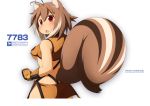  1girl animal_ears antenna_hair artist_name blazblue blush breasts brown_hair character_name fingerless_gloves gloves looking_back makoto_nanaya miniskirt mirano red_eyes short_hair sideboob skirt solo squirrel_ears squirrel_tail tail under_boob watermark web_address 