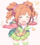  1girl blush closed_eyes drill_hair ekusiregaia idolmaster long_sleeves open_mouth orange_hair outstretched_arms short_hair skirt solo takatsuki_yayoi thigh-highs twintails white_background 