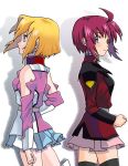  2girls back-to-back black_legwear blonde_hair blush breasts gundam gundam_seed gundam_seed_destiny jacket lips lunamaria_hawke military military_uniform multiple_girls red_eyes redhead shadow short_hair skirt smile stellar_loussier thigh-highs uniform violet_eyes 