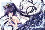  1girl animal_ears back bare_shoulders bird birdcage black_hair blue_eyes blush breasts butterfly cage cat_ears cat_tail dress gown hair_between_eyes hair_ornament key long_hair looking_at_viewer mikazuki_sara original smile solo tail tattoo wrist_cuffs 