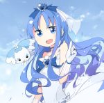  1girl adapted_costume blue_eyes blue_hair choker clouds coffret_(heartcatch_precure!) cure_marine dress fang gloves hair_ornament heart heartcatch_precure! highres jewelry kurumi_erika long_hair magical_girl open_mouth petals precure ribbon ring sky smile sunyukun wedding_dress white_gloves 