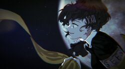  1girl armband bad_id bad_twitter_id black_jacket bow bowtie brown_bow brown_hair chromatic_aberration collared_shirt film_grain from_side full_moon gekkoukan_high_school_uniform hair_ornament hairclip highres holding holding_scarf holding_unworn_clothes jacket light_particles looking_ahead moon night night_sky o10110111101 open_mouth persona persona_3 persona_3_portable scarf school_uniform shiomi_kotone shirt short_hair sky smile solo star_(sky) starry_sky upper_body white_shirt wing_collar yellow_scarf 