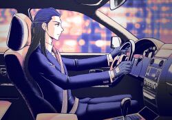  1boy bindi black_gloves black_hair black_jacket black_necktie black_pants black_suit blurry blurry_background car collared_shirt driving earrings final_fantasy final_fantasy_vii gloves hair_pulled_back jacket jewelry long_hair male_focus motor_vehicle necktie pants profile shirt sideburns sitting solo sui_7r suit suit_jacket tseng twitter_username upper_body white_shirt 