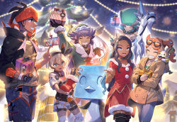  2boys 3girls arm_up bea_(pokemon) black_bodysuit black_hair black_hairband black_hoodie blue_eyes blue_eyeshadow blue_hair blurry bodysuit bodysuit_under_clothes bow_hairband box bracelet brown_coat buttons calyrex_(ice_rider) candy candy_cane christmas christmas_tree coat collared_shirt commentary_request dark-skinned_female dark-skinned_male dark_skin dress dynamax_band earrings eiscue eiscue_(ice) eyeshadow eyewear_on_head facial_hair food gift gift_box glastrier gloves green_nails green_shirt grey_eyes grin hair_between_eyes hair_ornament hairband hat headband heart heart_hair_ornament highres holding hood hoodie jewelry knee_pads leon_(holiday_2021)_(pokemon) leon_(pokemon) long_hair makeup multicolored_hair multiple_boys multiple_girls nail_polish nessa_(holiday_2021)_(pokemon) nessa_(pokemon) night official_alternate_costume official_art on_shoulder open_mouth orange_hair orange_headband outdoors pants partially_fingerless_gloves pokemon pokemon_(creature) pokemon_masters_ex pokemon_on_shoulder pokemon_swsh print_shirt print_shorts purple_hair raihan_(pokemon) ribbed_shirt rotom rotom_phone santa_costume santa_dress santa_hat shirt short_hair short_sleeves shorts side_ponytail side_slit side_slit_shorts single_glove sky smile sonia_(pokemon) star_(sky) sunglasses teeth thigh-highs third-party_source tongue two-tone_hair undercut upper_teeth_only yamper zounose 