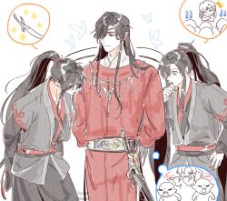  2boys 6uoou arms_behind_back black_hair black_hanfu braid bug butterfly butterfly_necklace chinese_clothes cowboy_shot creator_connection crossover demon dizi eyepatch flute grey_eyes hand_on_own_chin hand_on_own_hip hanfu high_ponytail highres holding holding_flute holding_instrument hua_cheng instrument jewelry long_hair long_sleeves looking_at_another looking_at_object male_focus modao_zushi motion_lines multiple_boys necklace playing_flute pointy_ears red_eyes red_hanfu sash scimitar simple_background sparkle speech_bubble sword tassel thought_bubble tianguan_cifu transverse_flute weapon wei_wuxian white_background wide_sleeves 