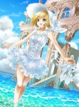  1girl blonde_hair blue_eyes dress happy hat high_heels holding holding_shoes legs ocean ruins sandals shoes shoes_removed short_hair sky solo water yuzu_5101 