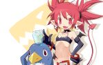  1girl :3 bare_shoulders bat_wings belt blush charln choker demon_tail disgaea elbow_gloves etna fang flat_chest glass gloves hand_on_hip ice_cube looking_at_viewer midriff navel open_mouth pointy_ears prinny red_eyes redhead short_hair tail twintails wings 