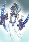  :p alternate_costume aqua_eyes blade genderswap gradient_hair hair_over_one_eye highres league_of_legends multicolored_hair nam_(valckiry) navel no_feet nocturne_(league_of_legends) personification ponytail small_breasts tongue tongue_out weapon 