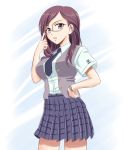  1girl brown_hair glasses grey_eyes idolmaster idolmaster_cinderella_girls kishi_nisen necktie open_mouth school_uniform short_hair short_sleeves skirt solo watch watch yagami_makino 