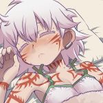  1girl bare_shoulders blush dark_skin facial_tattoo flat_chest irezumi-san_(ozka) matsuda_yuusuke original pillow short_hair silver_hair sleeping solo spaghetti_strap sweat tattoo 