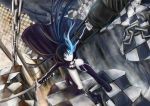  1girl arm_cannon bikini_top black_hair black_rock_shooter black_rock_shooter_(character) blue_eyes boots chain checkered checkered_floor cross glowing glowing_eyes katana long_hair midriff pale_skin rvin shorts solo sword twintails uneven_twintails weapon 