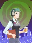  1girl blue_eyes breasts coffee envelope glasses green_hair headphones ipod_shuffle manila_envelope necktie office_lady original red-framed_glasses skirt sleeves_rolled_up solo sony valjim vest walking 