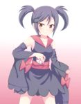  1girl armpits blush brown_eyes collarbone detached_sleeves furisode_girl_(pokemon) furisode_girl_kirika gradient gradient_background highres holding japanese_clothes kimono poke_ball pokemon pokemon_(game) pokemon_xy purple_hair sakurachiharu smile solo twintails wide_sleeves 