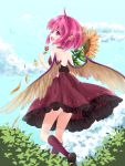  1girl animal_ears back bare_shoulders choker clouds dress feathered_wings flower flying highres looking_back mystia_lorelei no_hat open_mouth petals pink_eyes pink_hair short_hair sky smile solo sunflower touhou transistor tulip wings 