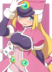 1girl blonde_hair blue_eyes blush border breasts coat cowboy_shot curakuru hat highres large_breasts mega_man_(series) mega_man_zx pink_background pink_coat pink_hat prairie_(mega_man) robot_ears shako_cap simple_background solo stuffed_animal stuffed_cat stuffed_toy white_border 