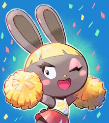  1girl ;d animal_crossing animal_ears aqua_background aqua_eyes blonde_hair blue_background blunt_bangs bonbon_(animal_crossing) brown_fur cheerleader confetti cowboy_shot eyeshadow furry gradient_background hands_up happy heart-shaped_mouth kopa_nishikida looking_to_the_side makeup one_eye_closed open_mouth outline pink_eyeshadow pom_pom_(cheerleading) print_shirt rabbit_ears rabbit_girl rabbit_tail radial_gradient_background red_skirt sanpaku shirt short_hair sideways_glance skirt smile solo standing tail tank_top text_print three_quarter_view very_short_hair white_outline white_tank_top 
