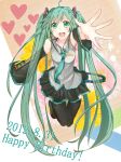  1girl ahoge aqua_eyes aqua_hair black_legwear dated detached_sleeves happy_birthday hatsune_miku heart long_hair outstretched_hand solo tousei twintails very_long_hair vocaloid 