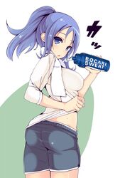  1girl alternate_hairstyle ass atago_kinue blue_eyes blue_hair bottle breasts gym_shorts hal_(ojou) large_breasts looking_at_viewer open_mouth pocari_sweat ponytail saki saki_achiga-hen shirt_pull shorts solo sweat towel towel_around_neck water_bottle 