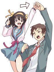  1boy 1girl :d arm_up arrow_(symbol) blazer blue_sailor_collar blue_skirt brown_hair collarbone collared_shirt commentary_request green_jacket hair_ribbon hairband hand_up highres jacket kita_high_school_uniform kyon long_sleeves medium_hair necktie open_mouth pleated_skirt red_necktie red_ribbon ribbon sailor_collar school_uniform serafuku shirt short_hair simple_background skirt smile suzumiya_haruhi suzumiya_haruhi_no_yuuutsu taiki_(6240taiki) teeth tongue upper_teeth_only white_background white_shirt winter_uniform yellow_hairband yellow_ribbon 
