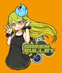  1girl blush circle_name green_hair ico_(green_bullet) kimidori_(ico) long_hair looking_at_viewer open_mouth orange_background original simple_background smile solo v 