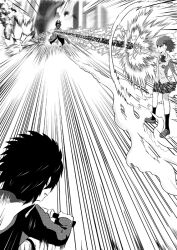  1girl 2boys attack bald battle bicycle black_hair blazer bow bowtie collared_shirt commentary day electricity electrokinesis emblem full_body greyscale high_priest_(toaru_majutsu_no_index) hood hood_down jacket kamijou_touma loafers long_sleeves medium_hair miniskirt misaka_mikoto monochrome motion_lines multiple_boys mummy outdoors outstretched_arm plaid_clothes plaid_skirt pleated_skirt psychic railgun_(misaka_mikoto) riding riding_bicycle scene_reference school_emblem school_uniform shirt shoes short_hair skirt socks sonic_boom_(speed) spiky_hair standing toaru1gakusei toaru_majutsu_no_index toaru_majutsu_no_index:_new_testament tokiwadai_school_uniform undead winter_uniform 