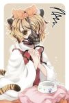  1girl animal_ears biyon blonde_hair bowl brown_hair hair_ornament hands_clasped interlocked_fingers kemonomimi_mode long_sleeves multicolored_hair muzzle paw_print pet_bowl pillow shirt sitting solo squiggle tail tiger_ears tiger_tail toramaru_shou touhou two-tone_hair vest wide_sleeves yellow_eyes 