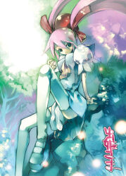  1girl bad_id blue_eyes blue_footwear blue_skirt breasts closed_mouth commentary_request copyright_name hair_between_eyes hair_ribbon hand_up kei_(keigarou) medium_breasts miniskirt mushihime-sama necktie on_rock pink_hair puffy_sleeves reco red_ribbon ribbon shirt shoes sitting skirt smile solo thigh-highs twintails white_shirt white_thighhighs yellow_necktie zettai_ryouiki 