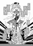  1girl ayanero_taicho beret boots closed_eyes comic drill_hair fingerless_gloves gloves gun hat long_hair magical_musket mahou_shoujo_madoka_magica monochrome skirt solo tomoe_mami translation_request twin_drills weapon 
