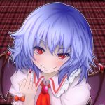  1girl ascot bat_wings blouse blue_hair brooch bust face fingernails jewelry looking_at_viewer middle_finger misumo nail_polish no_hat plaid plaid_background puffy_short_sleeves puffy_sleeves red_eyes remilia_scarlet sharp_fingernails short_hair short_sleeves slit_pupils solo touhou wings 