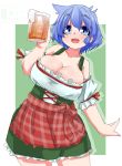  1girl alcohol beer blue_eyes blue_hair breasts cleavage dated dirndl eyebrows inaka_keikou large_breasts open_mouth original short_hair signature smile solo traditional_clothes 