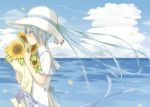  1girl aqua_hair bouquet clouds flower hat hatsune_miku long_hair petals reiya sky solo sunflower tears vocaloid water 