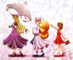  3girls animal_ears ankle_cuffs ankle_ribbon ankle_socks blonde_hair bow cat_ears chen dress elbow_gloves fox_tail gin_fuaru gloves gradient gradient_background hair_bow hands_in_sleeves hat hat_ribbon hat_with_ears high_heels highres jewelry long_hair long_sleeves looking_at_viewer mob_cap multiple_girls multiple_tails no_tail outstretched_arm picnic_basket profile ribbon shadow shoes short_hair single_earring skirt skirt_set smile tail touhou umbrella walking yakumo_ran yakumo_yukari yellow_eyes 
