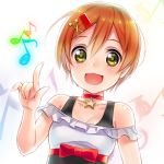  1girl bare_shoulders blush brown_hair choker close-up face green_eyes hair_ornament hairclip hands highres hoshizora_rin love_live!_school_idol_project musical_note open_mouth short_hair singing smile solo yamori_(stom) 