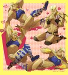  4boys abs ankai_(rappelzankai) blonde_hair earrings facial_mark flower jewelry jojo_no_kimyou_na_bouken midriff multiple_boys multiple_persona muscle posing sandals tattoo turban vest wham 