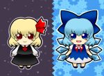  2girls blonde_hair blue_eyes blue_hair bow cirno ice ice_wings multiple_girls necktie open_mouth red_eyes ribbon rumia short_hair smile soramame1110 touhou wings 