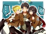  1boy 2girls anger_vein annie_leonhardt belt blonde_hair blue_eyes blush brown_hair cling collarbone eren_jaeger long_sleeves love_triangle mikasa_ackerman multiple_girls open_mouth pants scarf shingeki_no_kyojin short_hair sitting sweat sweatdrop thigh_strap uniform yellow_eyes 