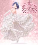  1girl blue_hair breasts bride dress frills garter_belt gathers hair_ornament high_heels highres idolmaster jewelry long_hair miura_azusa necklace outsider_0 pearl_necklace shoes short_hair sparkle wedding_dress 