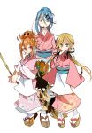  blonde_hair blue_hair broom japanese_clothes kanna_bismarch kimono long_hair marion_phauna matilda_matisse obi orange_hair shaman_king sunameri_oishii yukata 