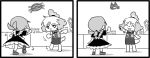  2girls :3 ^_^ animal_ears closed_eyes comic dancing dog_ears dog_tail doubutsu_no_mori dress emoticon monochrome multiple_girls seki_(red_shine) shizue_(doubutsu_no_mori) short_ponytail silent_comic skirt smile tail topknot villager_(doubutsu_no_mori) waving 