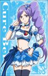  1girl aono_miki black_legwear blue_background bow brooch character_name choker cure_berry earrings fresh_precure! hairband hanzou4 jewelry long_hair magical_girl midriff navel precure purple_hair ribbon side_ponytail skirt smile solo thighhighs violet_eyes wrist_cuffs 