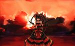  1girl absurdres bare_shoulders black_hair breasts cleavage clock_eyed clouds date_a_live dress dual_wielding gun hairband heterochromia highres lolita_fashion lolita_hairband long_hair looking_at_viewer red_eyes ribbon rifle smile solo sunset tokisaki_kurumi twintails weapon yellow_eyes zxhautumn 