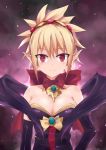  1girl bare_shoulders blonde_hair blush bow breasts cleavage disgaea highres large_breasts looking_at_viewer makai_senki_disgaea_2 mmrailgun pointy_ears red_eyes rozalin short_hair smile solo v 